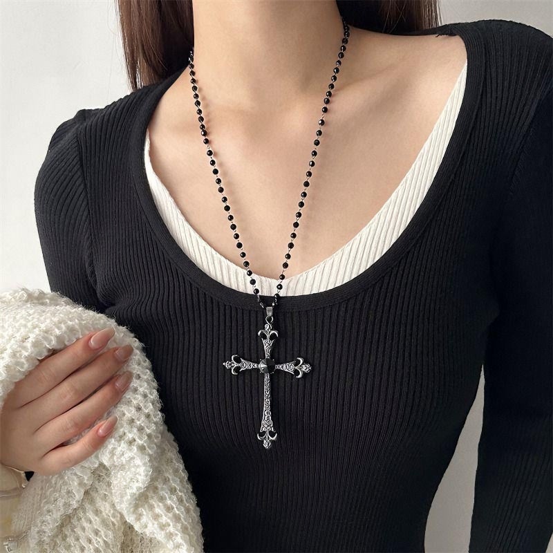 Vintage Dark Cross Necklace Subculture Gothic Long Diamond-Encrusted Sweater Chain Niche Sweet Cool Collarbone Chain - Image 5